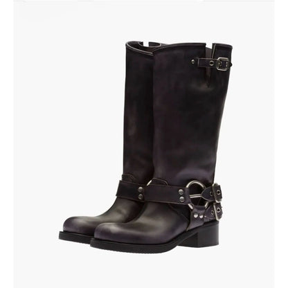 Arden Furtado 2025Autumn Brown Platform Motorcycle boots Round toe Belt buckle Slip-on Middle heel Knee high boots Western boots