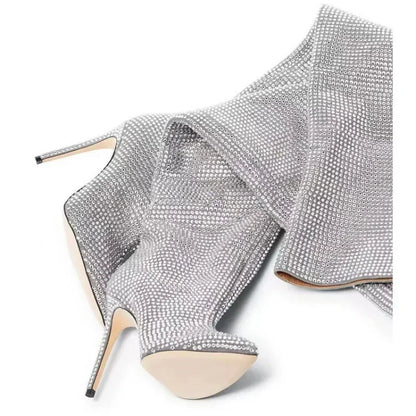 High quality European and American knee length rhinestone pile boots for women's sexy slim high heeled pointed runway boots