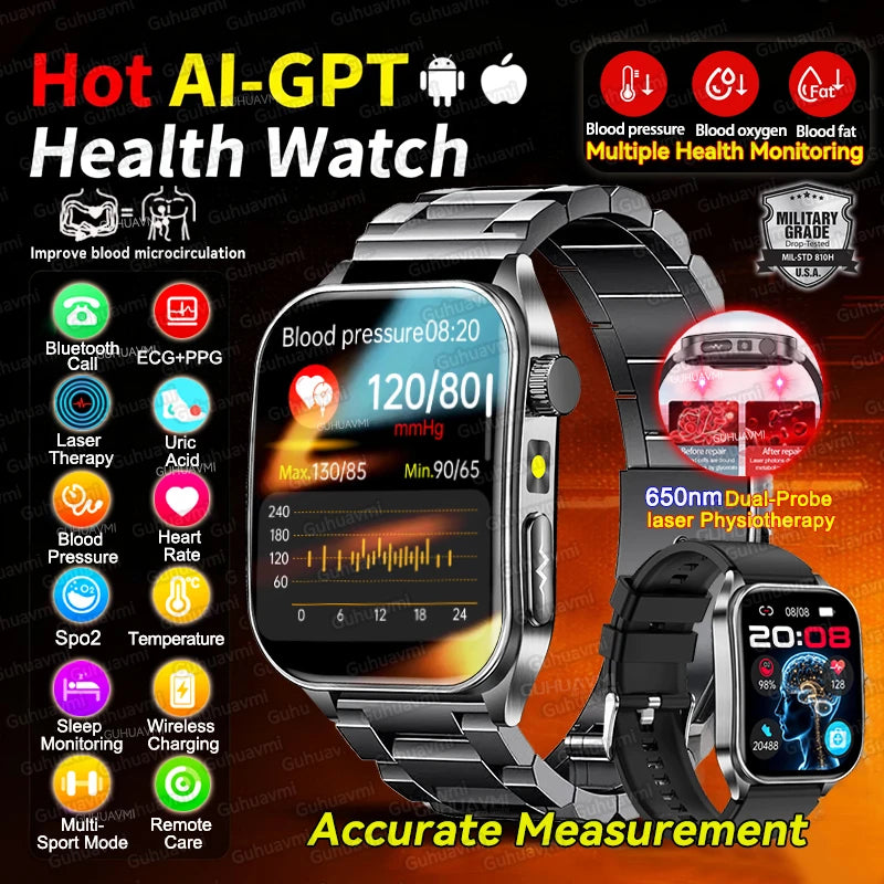 2025Hot AI-GPT Diagosis ECG Health SmartWatch Blood Pressure Lipid Uric Acid 650nm Dual-Probelaser Heart Analysis Smart bracelet