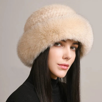 New Genuine Real Natural Knitted Mink Fur Hat Luxury Women Handmade Knit Fashion Winter Headwear Warm Real Fox Fur Beanies Caps