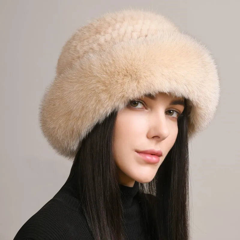 New Genuine Real Natural Knitted Mink Fur Hat Luxury Women Handmade Knit Fashion Winter Headwear Warm Real Fox Fur Beanies Caps