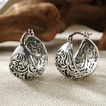 Ethnic Style Artistic Hollowed Curly Vine Silvery Hoop Earrings for Women Vintage Exquisite Banquet Vacation Jewelry Accessories