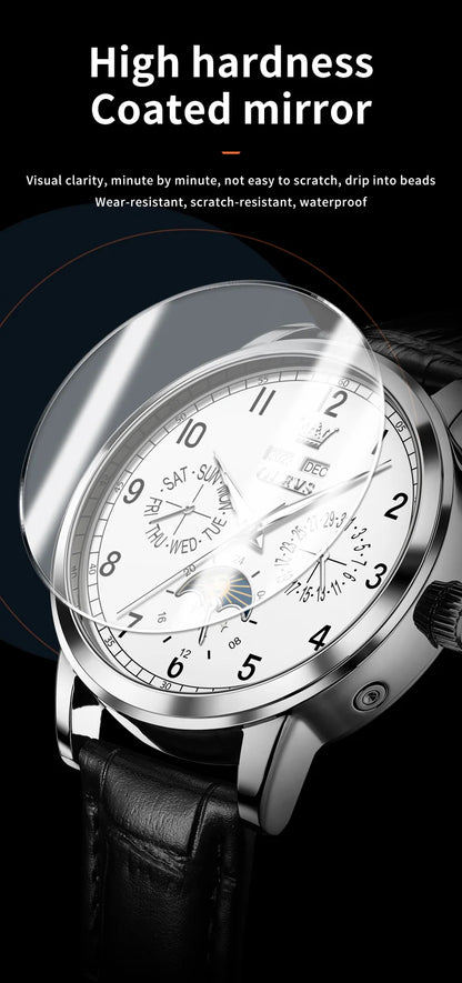 OLEVS 6698 Mens Watch Luxury Dress Brand Moon Phase Automatic Mechanical Watch For Men Leather Waterproof Dual Calendar...