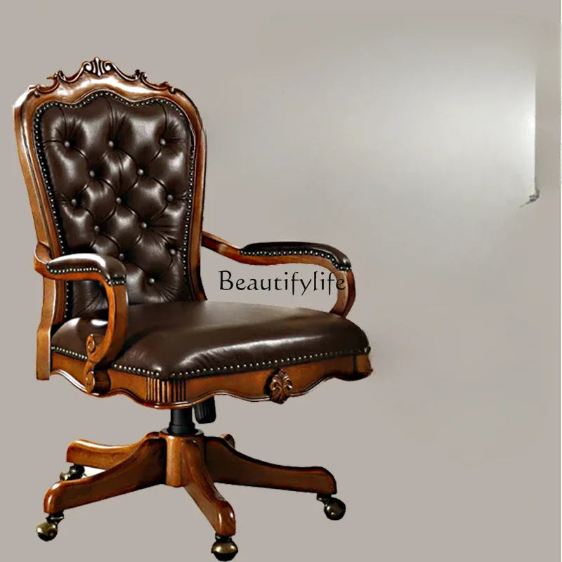 12American Genuine Leather Retro Carved Solid Wood Swivel Chair Office Chair Lift | Kimlud Vintage Luxury Home