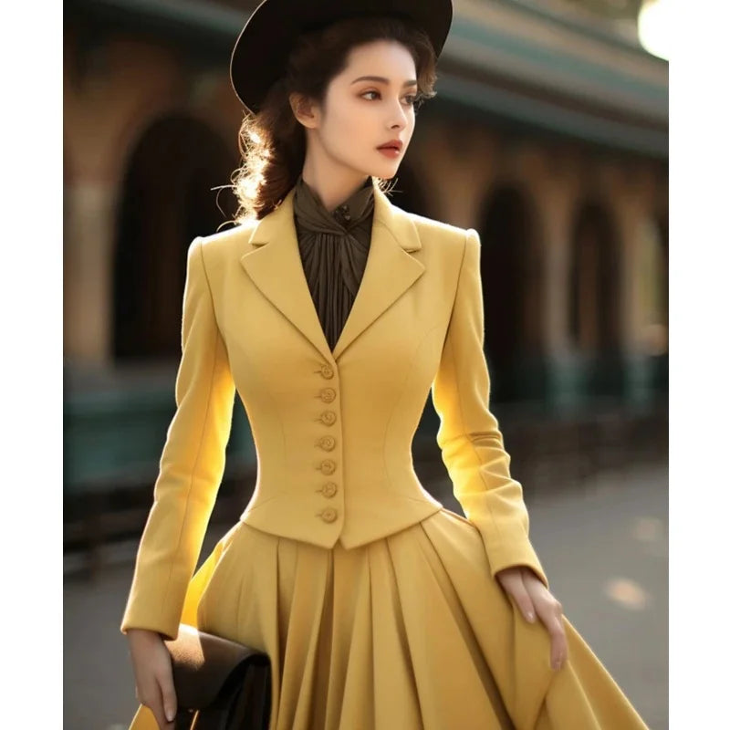 BESTBAFU Autumn Retro Party Suit Slim Short Blazer+High Waisted A-Line Pleated Long Skirt Elegant Office Women 2-Piece Set 936P