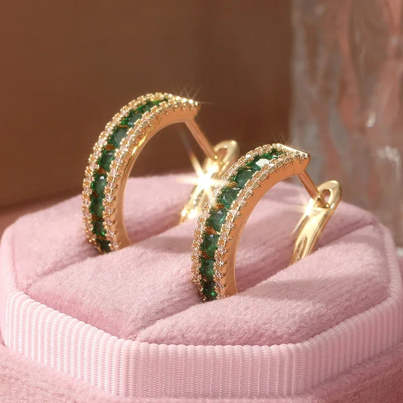 Luxurious Sparking Inlaid Green Synthetic Zirconia Hoop Earrings Women's Fashion Vintage Banquet Perfect Jewelry...