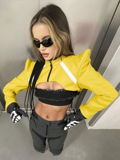 Weird Puss Horn Women Short Jacket Leather Full Sleeve Zipper Hipster Street Y2K Festival Wild Autumn Fashion Super Mini Coat