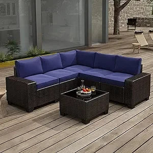 6 Pieces Patio Furniture Set, Outdoor Sectional Set of 6 w/Wide Armrest, Waterproof Wicker Conversation Set for...