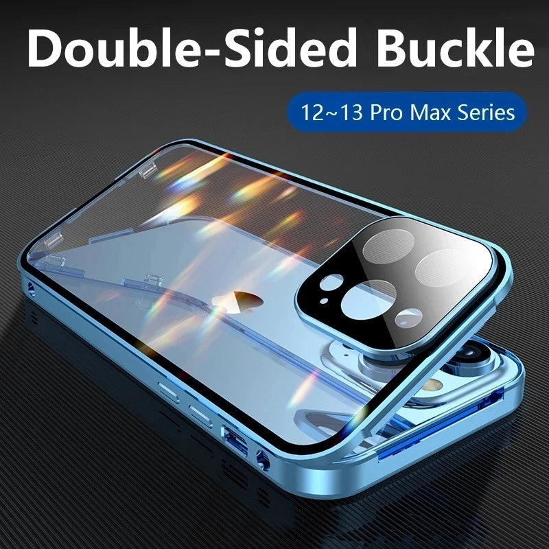 360 Full Protection Metal Magnetic Double Sided Glass Snap Lock Case For iPhone 17 16 15 14 12 13 Pro Max Lens...