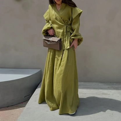 Fashion Draped Hight Waist Suits Elegant V-neck Lace-Up Tops with Long Skirt Set Women Casual Long Sleeve Solid 2 Piece Outfits