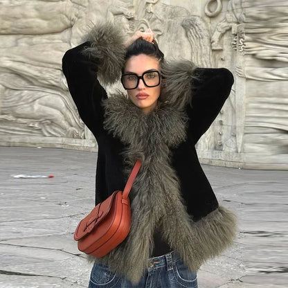 Vintage Patchwork Women's Faux Fur Trim Coat Urban Lapel Full Sleeve Female Jacket Female 2026 Spring Winter Lady Streetwear New