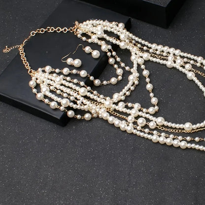 Multi-layer Simulated Pearls Chain Long Necklace Elegant Earrings Trendy Statement Choker Necklace for Women Fashion...