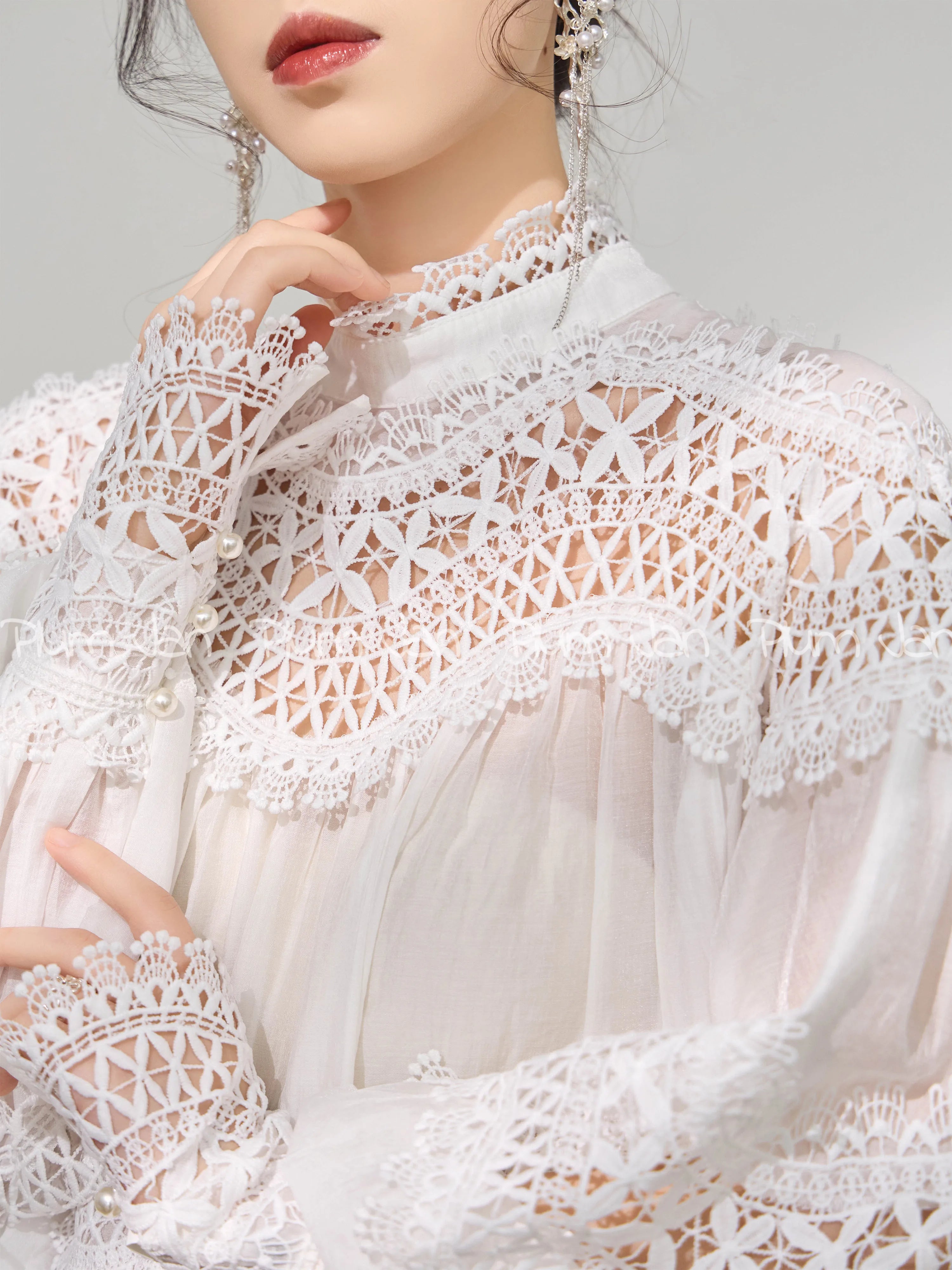 Light Luxury Hollow Print Stand-up Collar Lantern Sleeve Shirt Women French Temperament Fashion Lace Splicing Loose Casual Shirt