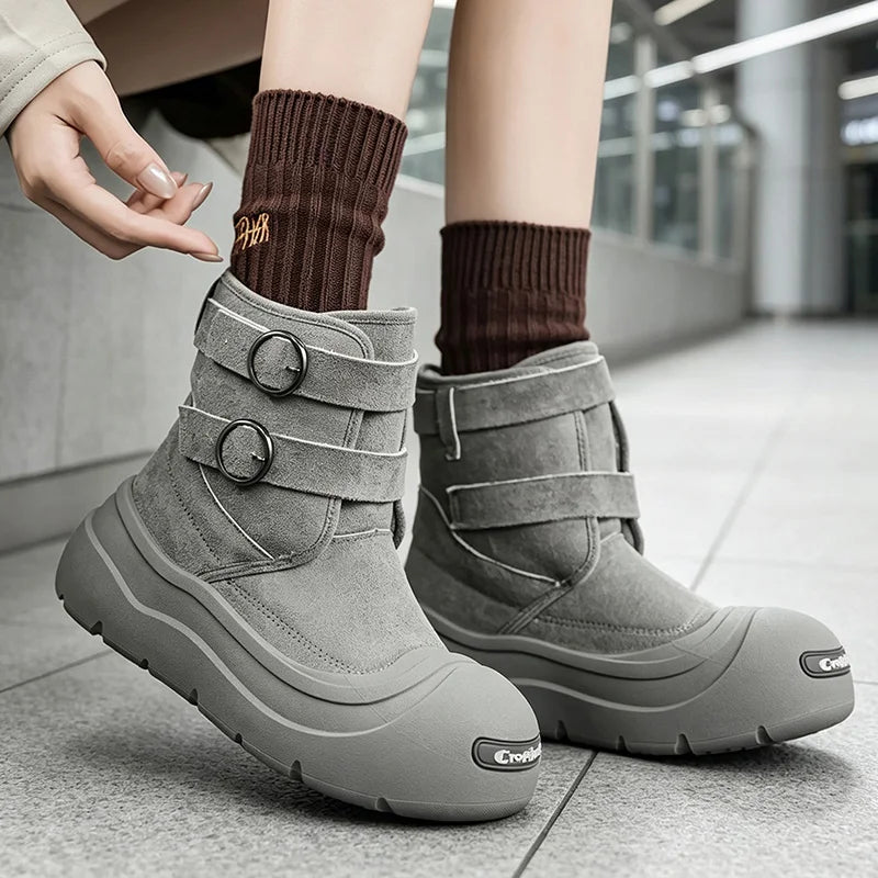 Men's Thick-Soled Snow Boots, Winter Fleece-Lined Warm Outdoor Anti-Slip Snow Boots, Double Buckle Ring Design, Motorcycle Style Short Boots, Trendy Versatile Casual Cotton Boots