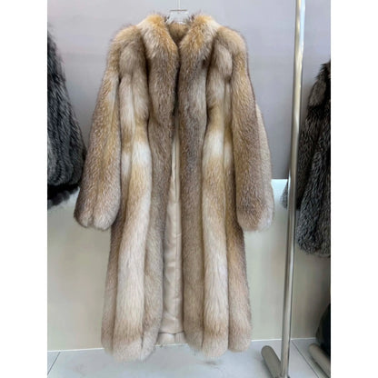 2025 Winter Warm Long Coat Luxury True Fox Leather Coat Women's Fluffy Striped Extra Long Fox Fur Coat