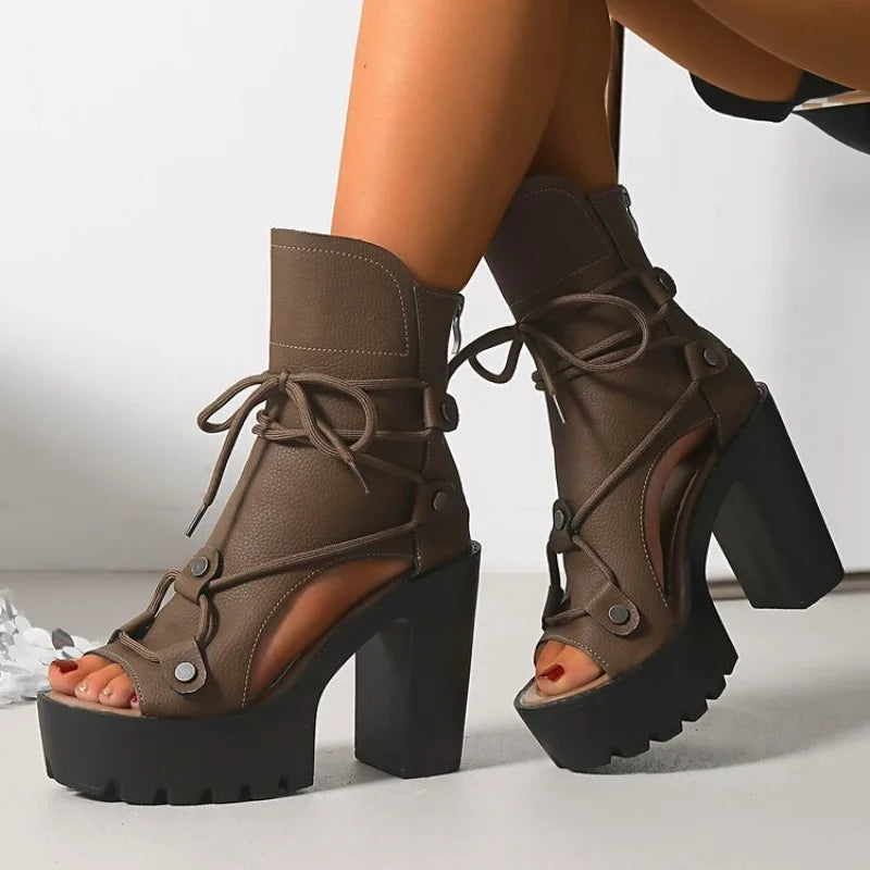 Women's Platform High Heel Ankle Boots Open Toe Lace Up Sandals Textured Finish Chunky Block Heel Zipper Closure Fashion...