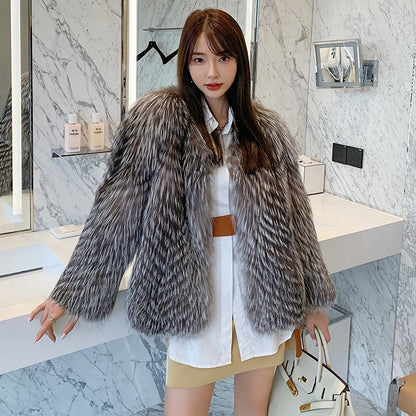 2025 New Imported Silver Fox Young Style Fox Fur Korean Style Fur Coat Women's Short Style Small Clip leather craft