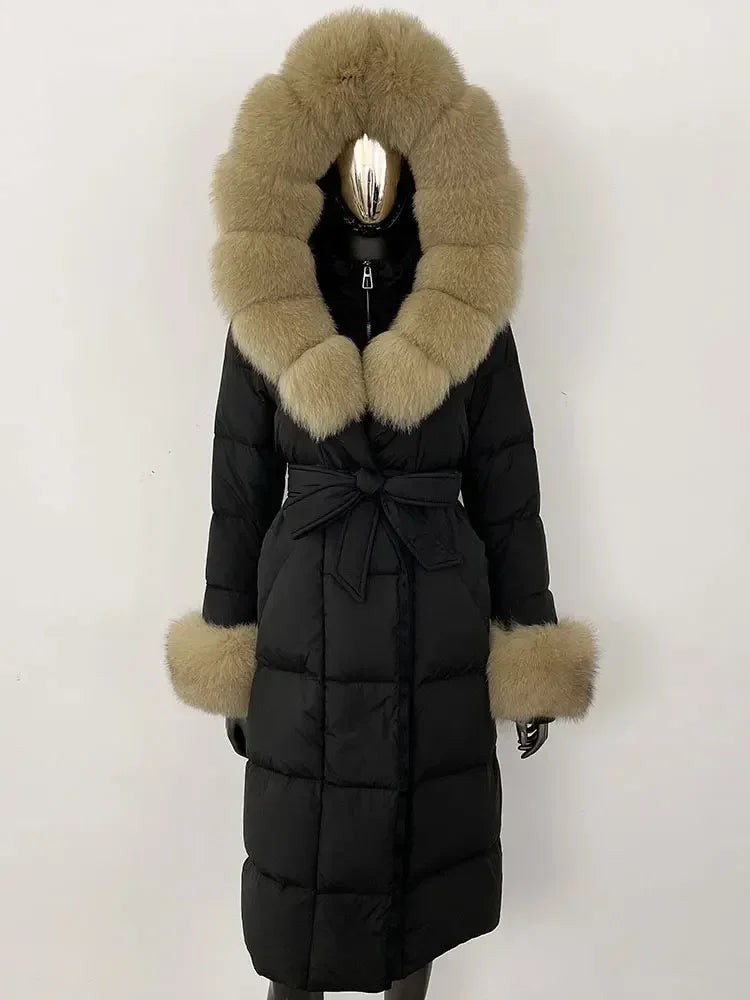CXFS New Real Raccoon Fox Fur Collar Hooded Natural Long Winter Jacket Women 90 White Duck Down Coat Thick Warm Casual Outerwear