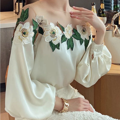 Vintage Embroidered Shirt Elegant Mesh Patchwork Satin Blouse O-neck Tops Spring Autumn Long Lantern Sleeve Women Clothes 24976