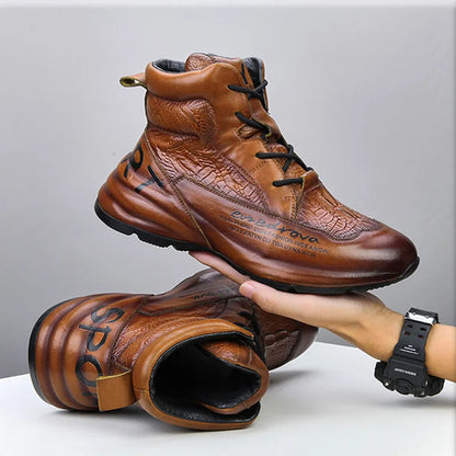 Genuine Leather Winter Boots For Men Crocodile Leather Casual Fleece Warm Shoes Motorcycle Punk Botas Male Loafer Hombre KK419