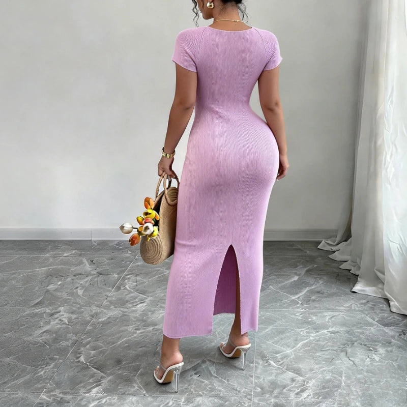 Women's Purple Sweetheart Neck Short Sleeve Stretchy Ribbed Knit Bodycon Midi Dress Summer Beach Vacation Party Long Dress - Kimlud