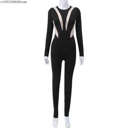 Sexy Mesh Hollow Patchwork Jumpsuit Long Sleeves Game Cosplay Bodysuit Women Performance Dance Costume Party Outfit
