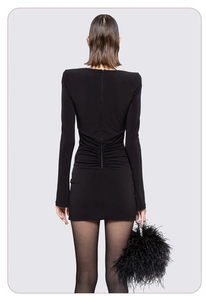 VC Chic Black Long Sleeved Ruched Mini Dress with Crystal Detailing for a Special Night Out