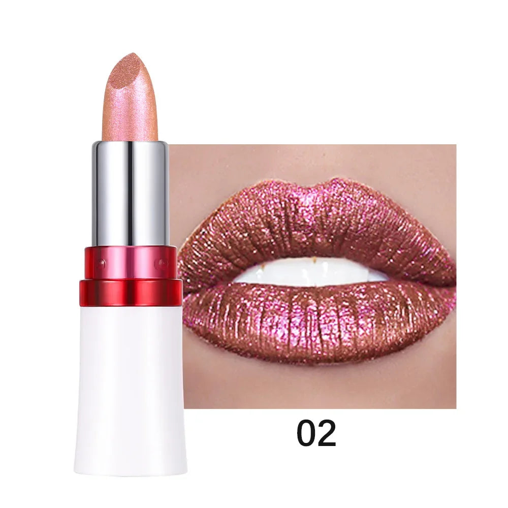 Rose Metallic Lipstick Glitter Lip Glaze Waterproof Long Lasting Moisturize Bright Red Pearlescent Shiny Lipgloss Makeup 6color