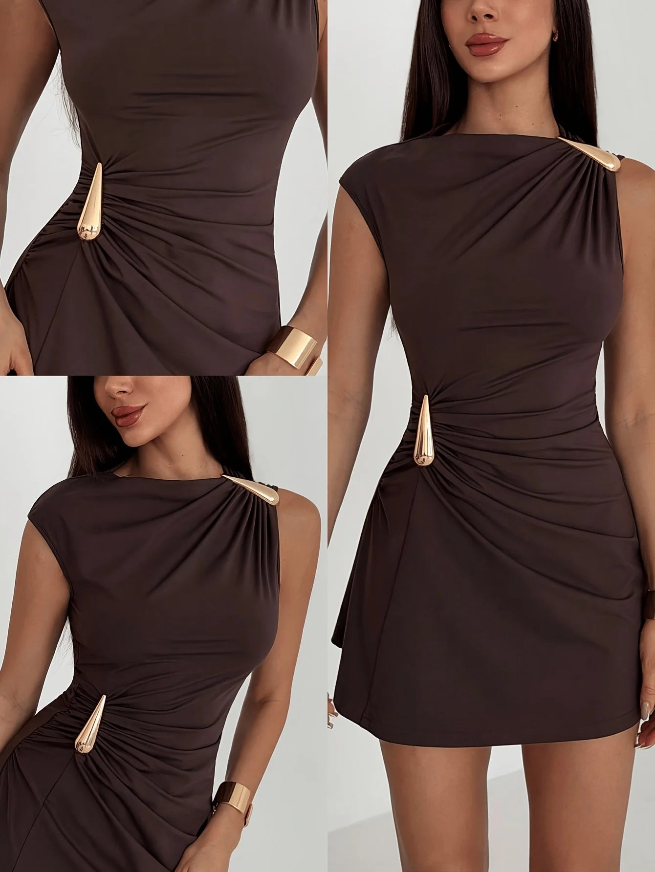 Women's Casual Style Sleeveless Pleated Mini Dress Form-Fitting Knitted Fabric Asymmetric Neck Design - Kimlud