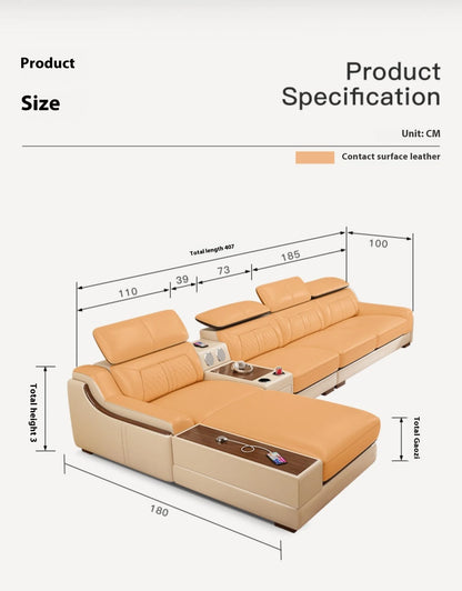 Stylish Italian Genuine Leather Sofa for Living Room with Cup Holder, USB, Adjustable Headrests & Bluetooth Speaker -...