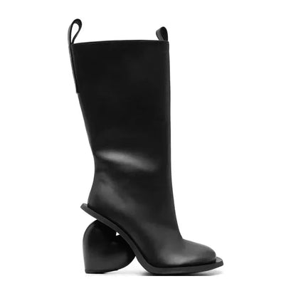 New Retro Sexy Round Toe Peach Heart Heel Side Zipper Knee High Boots European American Fashion Show Color Blocked Women's Boots