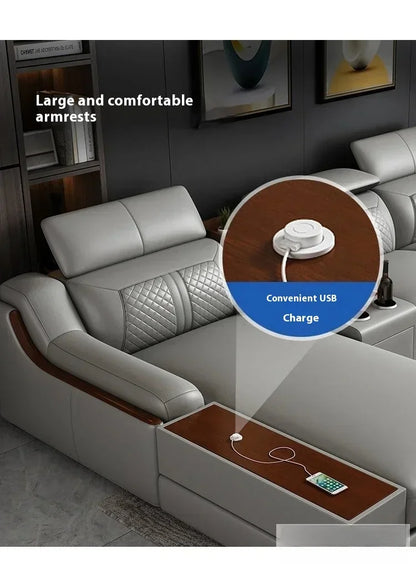Stylish Italian Genuine Leather Sofa for Living Room with Cup Holder, USB, Adjustable Headrests & Bluetooth Speaker -...