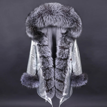 Maomaokong Winter Women Luxur Beige Fur Coat Natural Real Fox Fur Waterproof Jacket Hooded Thick Warm Fashion Long Black Parkas