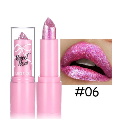 Pink Luxurious Metallic Glitter Lipstick Lasting Waterproof Shimmery Pearl Sparkling Hydrating Lipstick Women Makeup Cosmetic