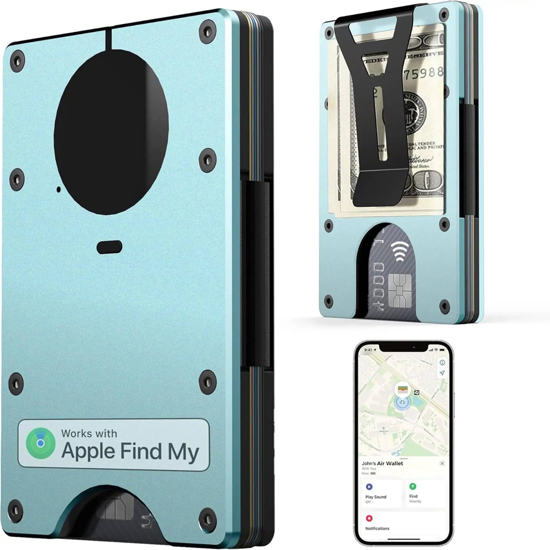 Wallet with Built in Airtag Chip, RFID Blocking Credit Card Holder,  Compatible with Find My iOS Only, Detachable Money Clip