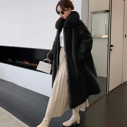 5XL Oversized Autumn Winter Faux Fur Coat Women Loose Long Plush Jackets Thick Warm OverCoat Female  Large Fur Collar Parka 2023