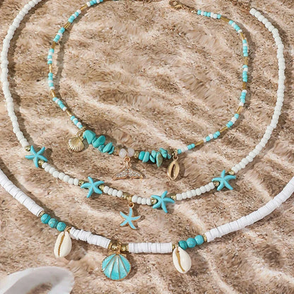 Bohemain Vintage Shell Starfish Multi Layered Necklace for Women Ethnic Handmade Fish Tail Beads Necklace Summer Jewelry Gifts