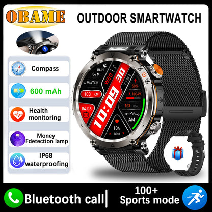 New 5ATM Outdoor Smart Watch Men 600mAh LED Flashlight SmartWatch Compass Bluetooth call Heart rate IP 68 Sports Smartwatch 2025
