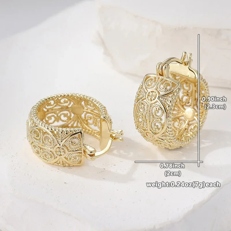 Vintage Exquisite Hollow Hand Carved Golden Plated Round Hoop Earrings Women's Fashion Wedding Banquet Jewelry Accessories Gifts