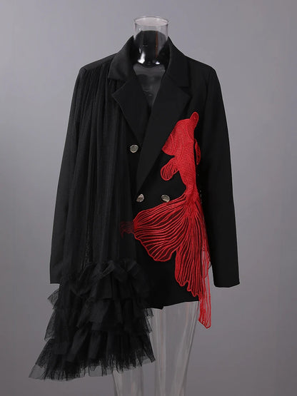 [EAM] Women Black Mesh Irregular Fish Spliced Big Size Blazer New Lapel Long Sleeve Jacket Fashion Spring Autumn 2025...