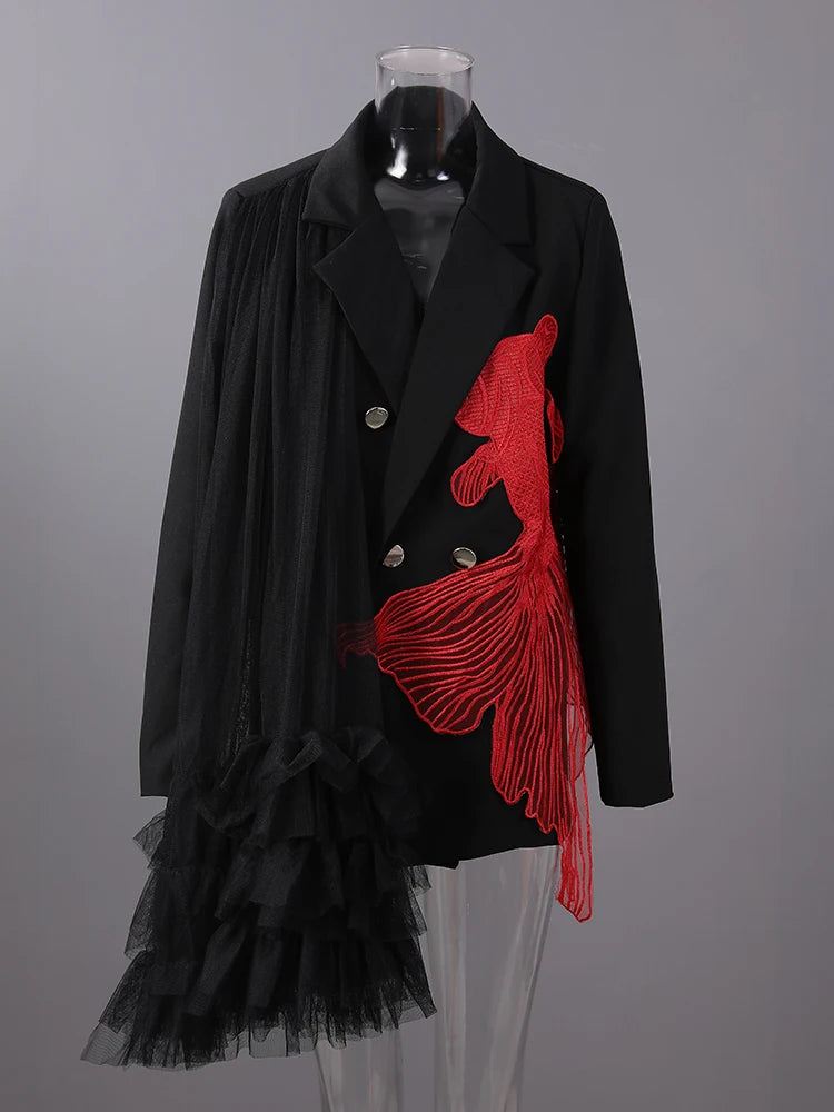 [EAM] Women Black Mesh Irregular Fish Spliced Big Size Blazer New Lapel Long Sleeve Jacket Fashion Spring Autumn 2025...