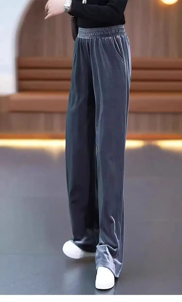 Korean Fashion Women Pleuche Pants Autumn Winter Elastic High Waist Solid Pockets Loose Office Lady Straight Wide Leg Trousers