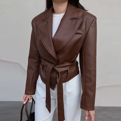 Vintage Pu Leather Belted Jackets Women's Slim Full Sleeve Lapel Short Overcoat 2025 New Autumn Winter Ladies Solid Streetwear