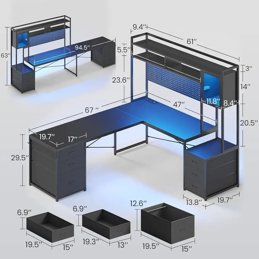 L-Shaped Gaming Desk with Drawers, Reversible, LED-lit, Black, for Dual Players with Power Outlets - Kimlud