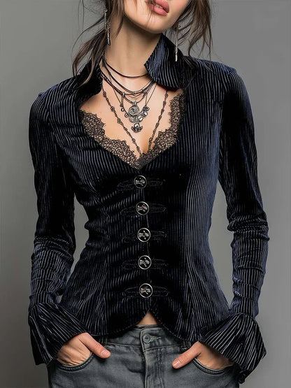 Women Striped Velvet Blouse Tops Elegant Vintage Casual Single Breasted Lace Flare Sleeve Slim Stand Collar Solid Gothic Tops