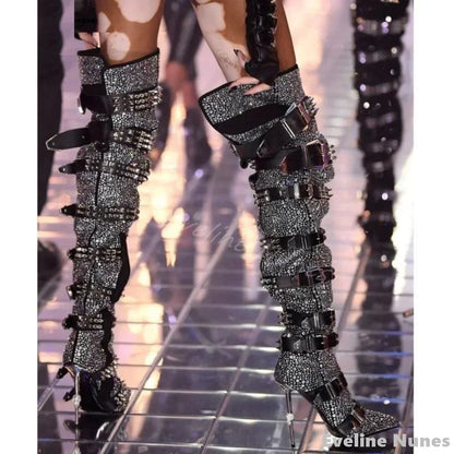 Luxury Crystal Buckles Over The Knee Boots Women Bling Rivets Pointed Toe Iron Heels Long Boots 2025 Fashion Party Catwalk Boots