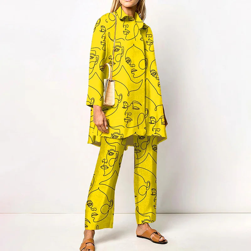 Autumn New Vintage Printed Pant Sets Women Long Shirts And Wide Legs Trousers Two Piece Set Fashion Trendy Streetwear Lady Suits