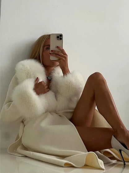 Retro Black Fur Patchwork Woolen Coat Women Chic Full Sleeve V-neck Lace Up Loose Long Overcoat 2025 Lady Winter Commute Outwear