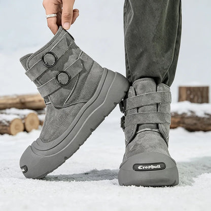 Men's Thick-Soled Snow Boots, Winter Fleece-Lined Warm Outdoor Anti-Slip Snow Boots, Double Buckle Ring Design, Motorcycle Style Short Boots, Trendy Versatile Casual Cotton Boots
