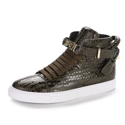 Luxury Designer Men Crocodile Pattern High Top Sneakers Glossy Patent Leather Gold Buckle Lace-up Casual Street Shoes Footwear